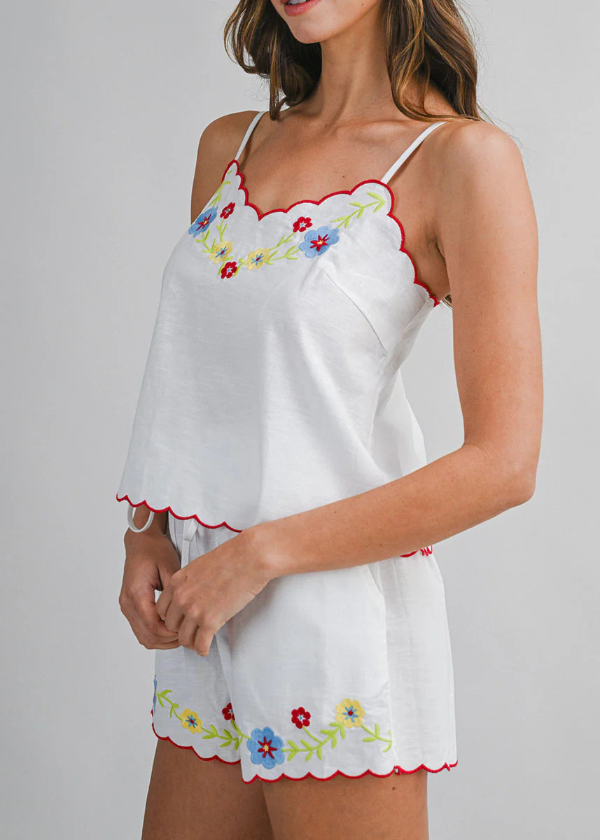 Daryl Scallop Embroidered Top &amp; Short Set - Red Multi | Alice & Wonder