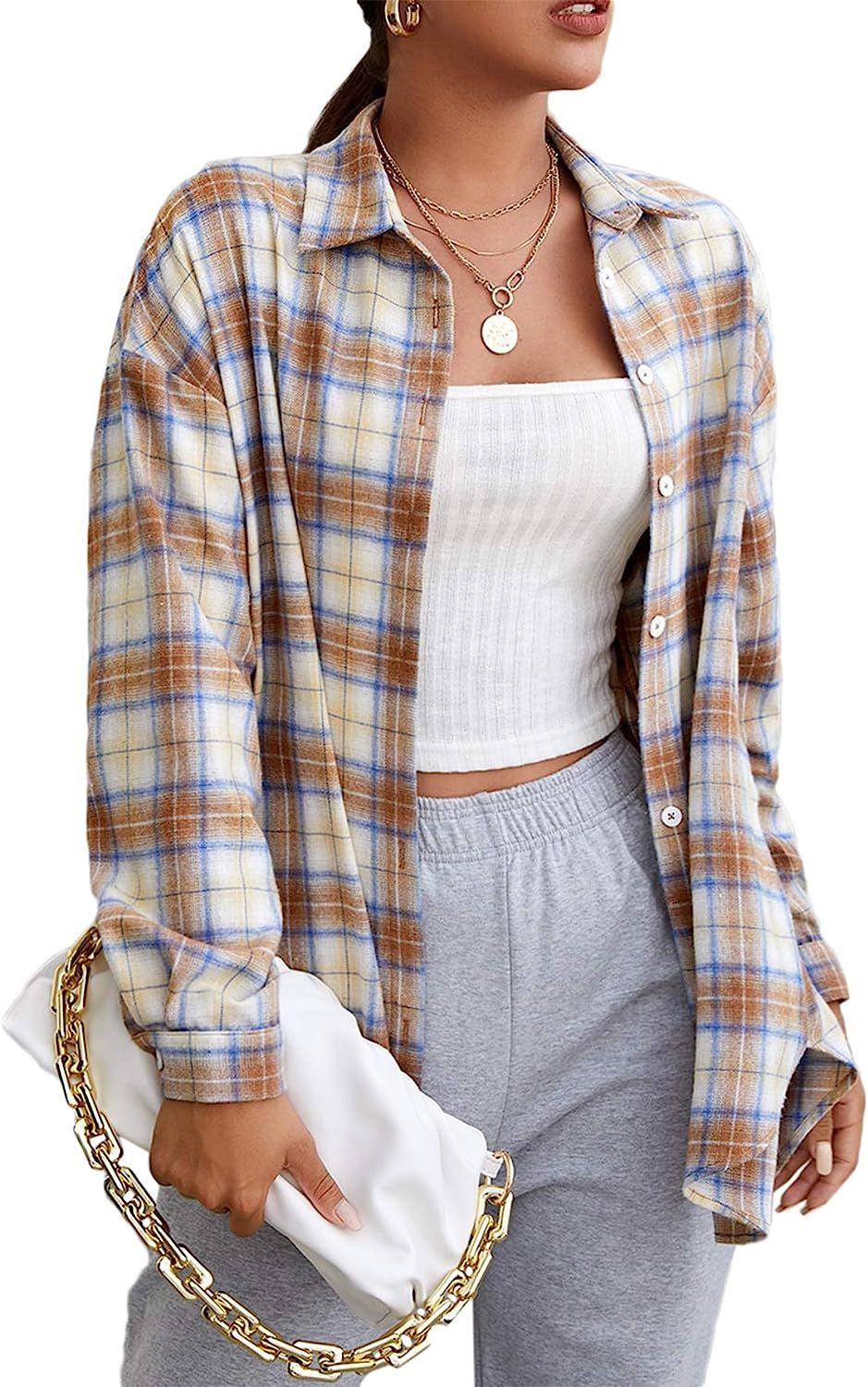MakeMeChic Women's Plaid Shirts Oversized Flannels Shacket Jacket Multi Camel Small at Amazon Wom... | Amazon (US)