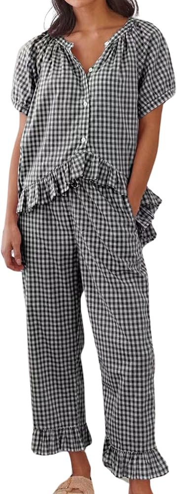 Womens Gingham Pajama Set 2 Piece Short Sleeve Babydoll Shirt and Pants Lounge Set Cute Sleepwear | Amazon (US)