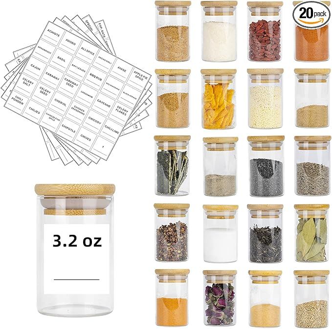 20 Pack Glass Spice Jars Set, 3.2oz (95ml) Mini Spice Jar with Bamboo Airtight Lids and 180 Spice... | Amazon (US)