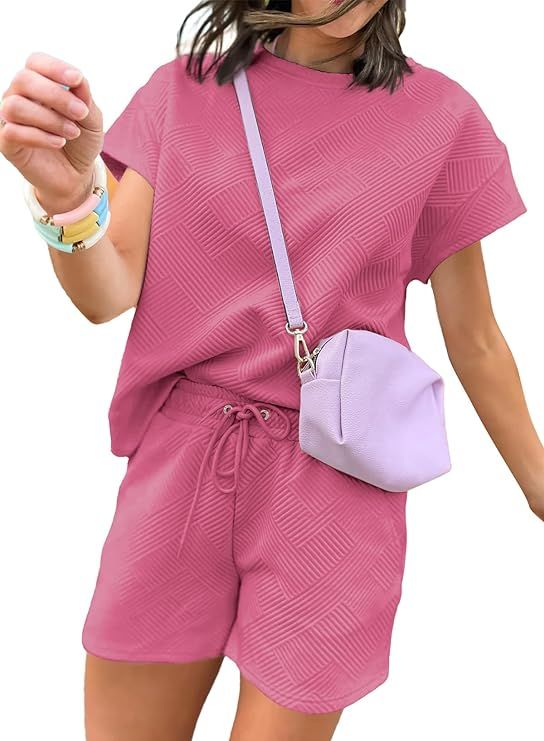 Dokotoo Women's 2 Piece Outfits Sweatsuit Casual Short Sleeve Pullover Tops and Drawstring Shorts... | Amazon (US)