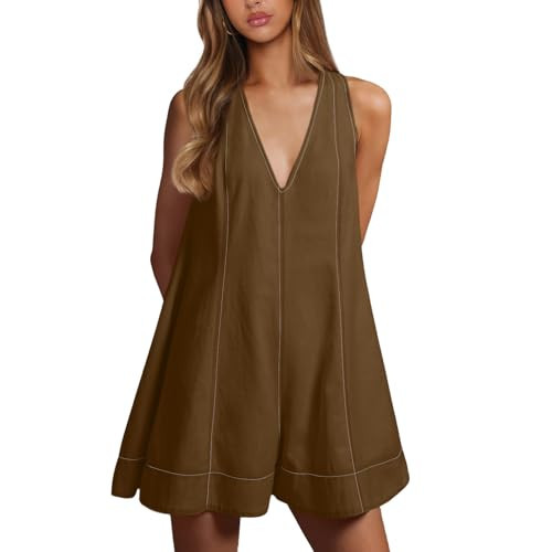 TURVAND Womens Summer Romper Dress Loose Wide Leg Overall Shorts Casual Sleeveless Jumpsuit V Neck Beach Vacation Outfits | Amazon (US)
