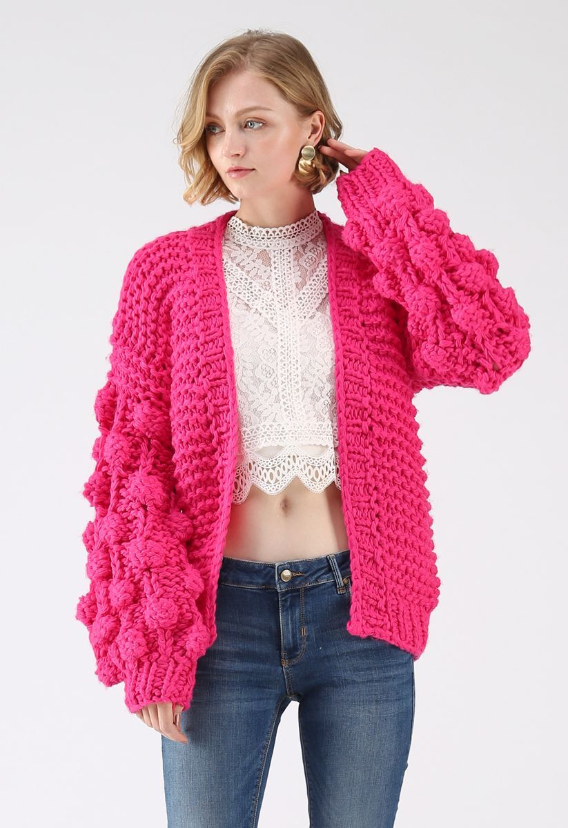 Cuteness on Sleeves Chunky Cardigan in Hot Pink | Chicwish