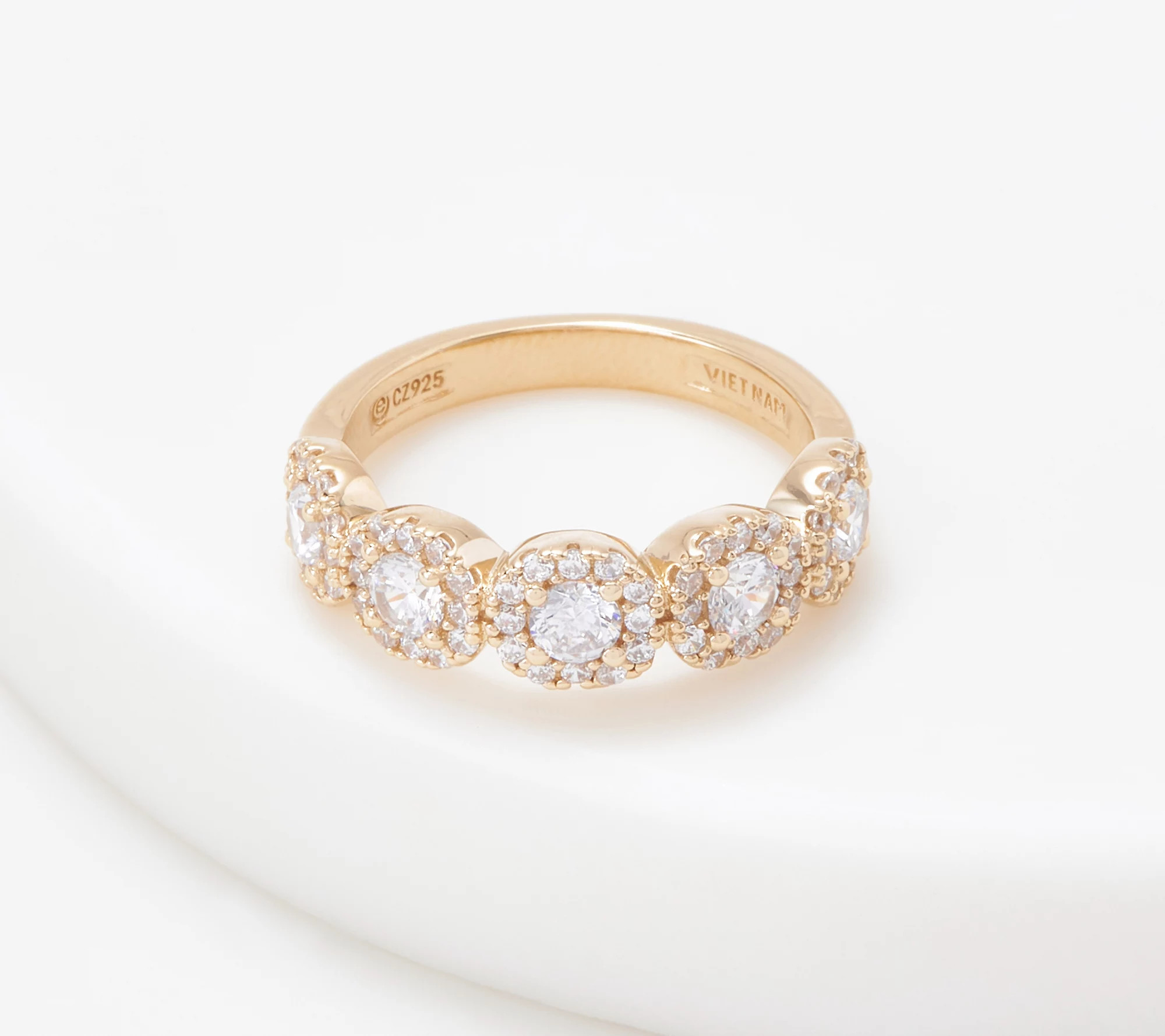 Diamonique 5 Round Cut Stone w/ Halo Ring, Sterling Silver | QVC