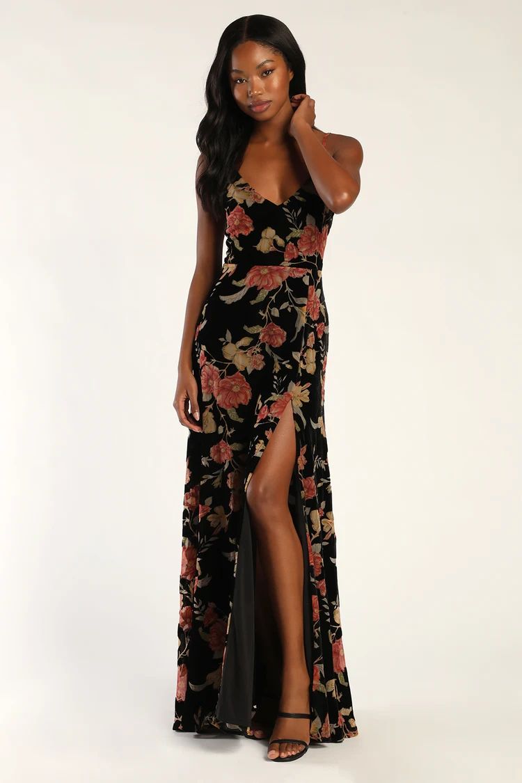 Alluring Blooms Black Floral Burnout Velvet Maxi Dress | Lulus