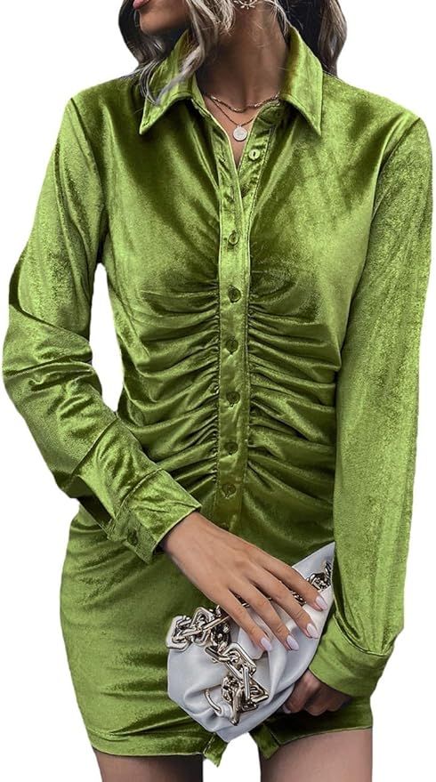 Nihsatin Ruched Front Velvet Shirt Dress for Women Long Sleeve Button Down Bodycon Dresses | Amazon (US)
