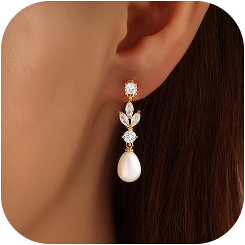 Pearl Earrings for Women, 14k Gold Plated Trendy Diamond Pearl Drop Earrings Bridal Shower Gifts ... | Amazon (US)
