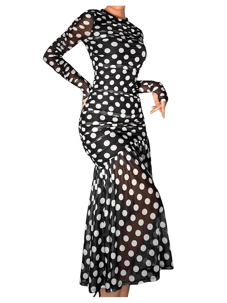 Verdusa Women's Polka Dots Mesh Layered Bodycon Dress Long Sleeve Ruched Long Dress | Amazon (US)