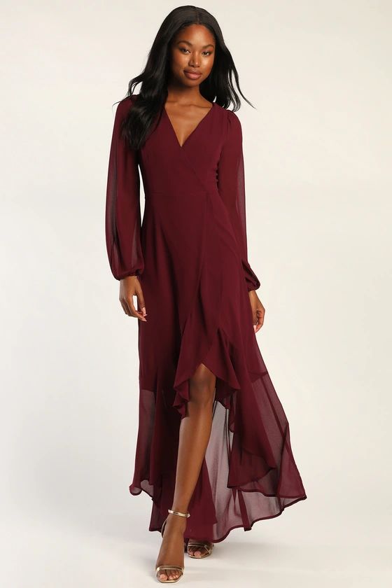 Perfectly Lovely Plum Long Sleeve Lace-Up High-Low Maxi Dress | Lulus (US)