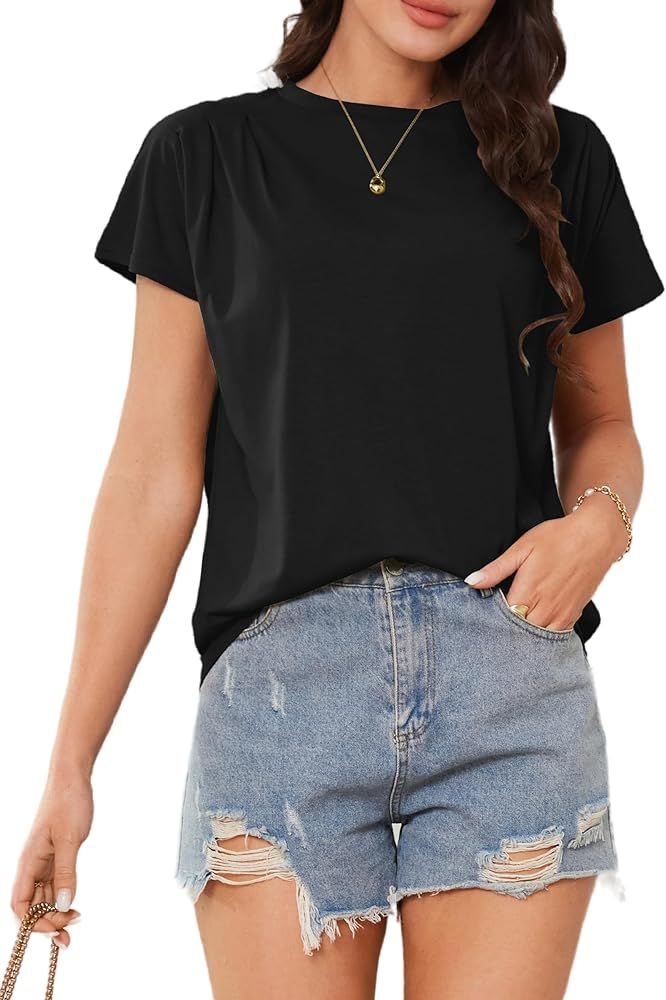 AOVDE Womens Short Sleeve Shirts - 2024 Summer Casual Cotton Crewneck T Shirts Basic Tees Tops | Amazon (US)