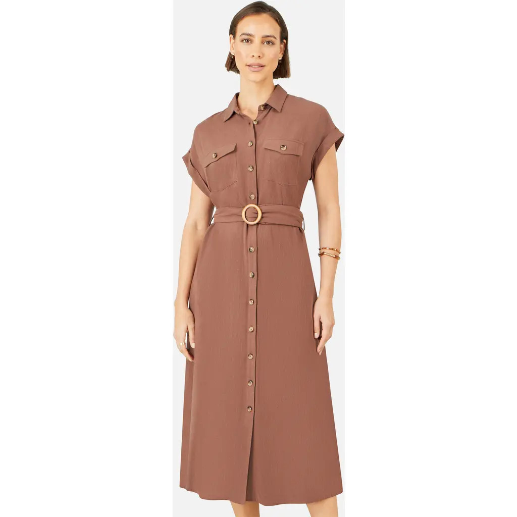 Yumi Linen Look Midi Shirt Dress in Brown at Nordstrom, Size 10 | Nordstrom