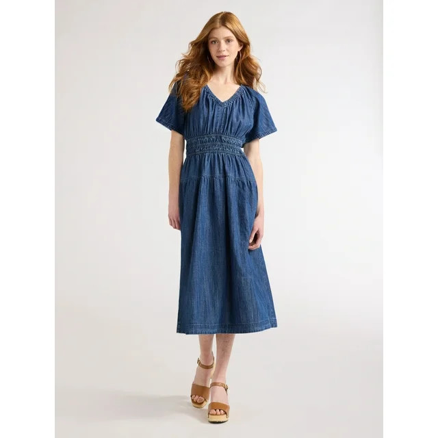 Free Assembly Women's Denim Tiered Midi Dress with Flutter Sleeves, Sizes XS-XXL - Walmart.com | Walmart (US)