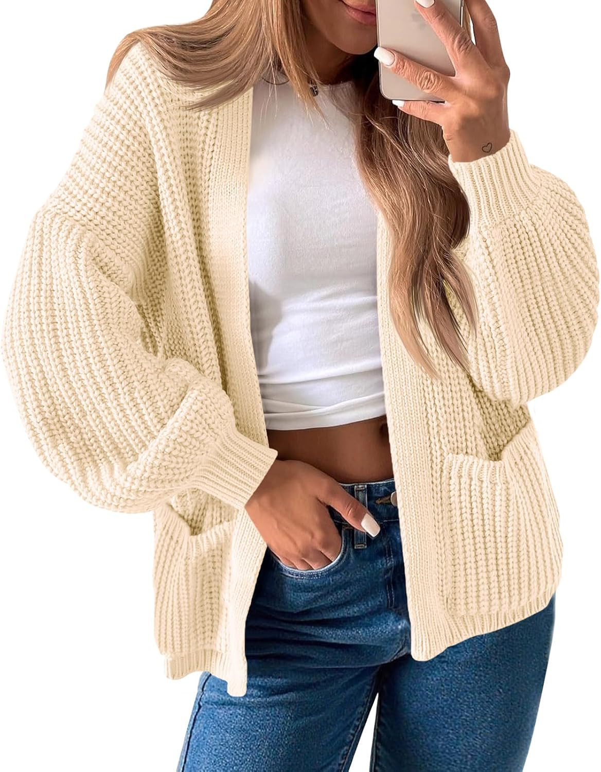 Saodimallsu Womens Oversized Cardigan Ribbed Chunky Knit Long Lantern Sleeve Open Front Fall Sweater Coats | Amazon (US)