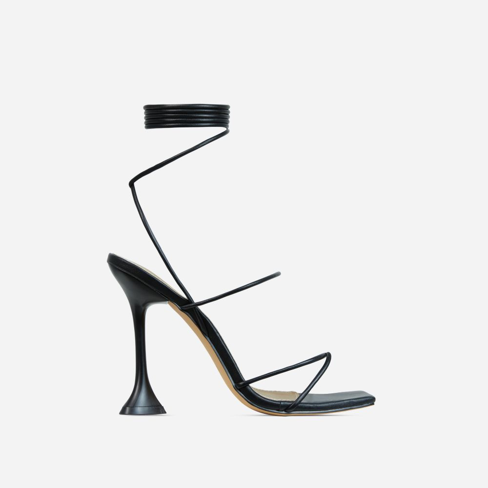 Love-To-Hate Lace Up Strappy Square Toe Statement Heel In Black Faux Leather | EGO Shoes (US & Canada)