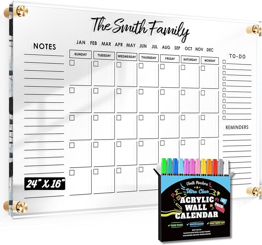 Large Oversize Crystal Clear Acrylic Wall Calendar Dry & Erase Board | 24" X 16" | Monthly Family... | Amazon (US)