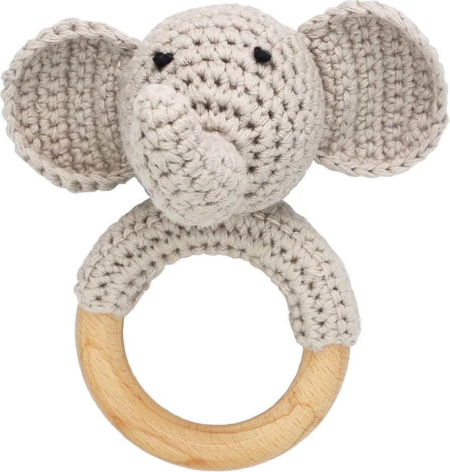 Woodland Friends Baby Rattle Shaker Toy with Wooden Teething Ring Gray Elephant | Amazon (US)