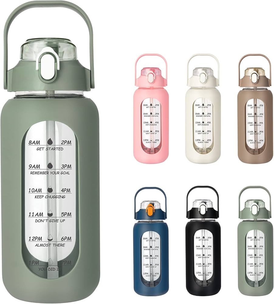 42/56/64oz Glass Water Bottle with Straw and Time Marker,Large Sports Motivational Leakproof Wate... | Amazon (US)