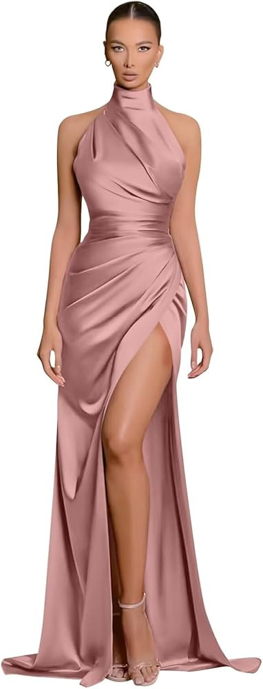 Mermaid Halter Bridesmaid Dresses Long Satin Prom Dress for Women with Slit Evening Formal Gown | Amazon (US)