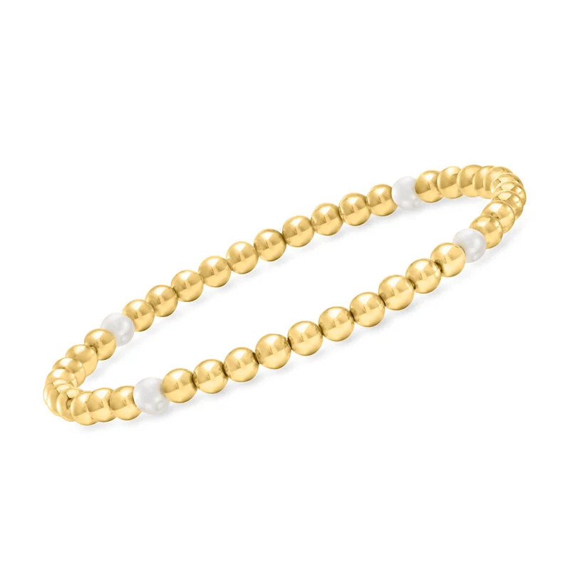 4-4.5mm Cultured Pearl and 18kt Gold Vermeil Bead Stretch Bracelet | Ross-Simons