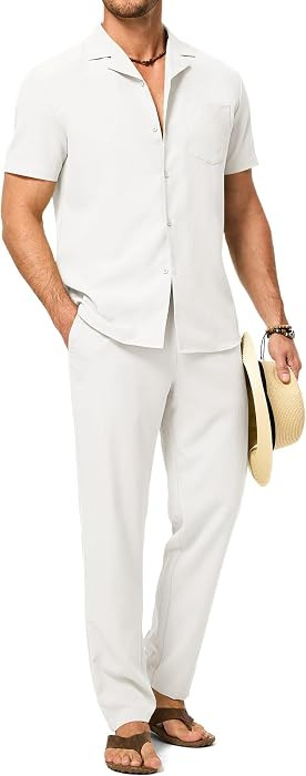 JMIERR Men Texture 2 Piece Outfit Short Sleeve Lightweight Beach Button Down Shirt Casual Pant Se... | Amazon (US)