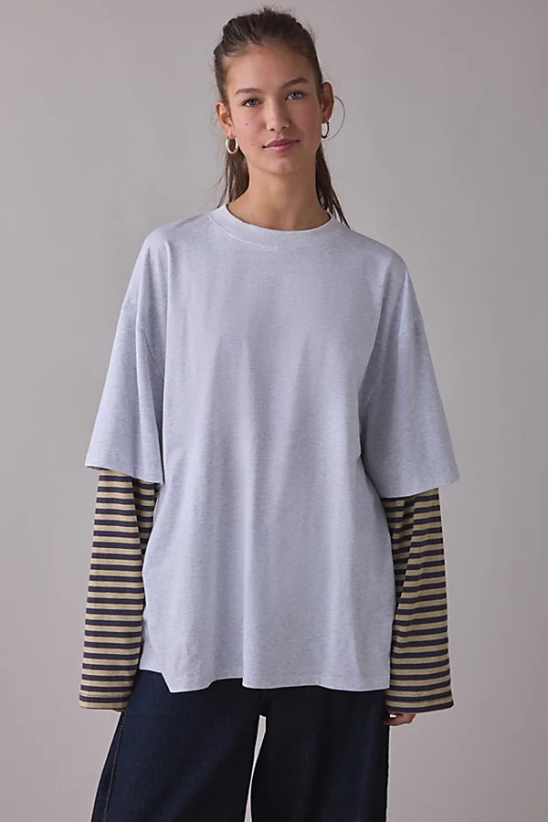 Lioness Bowen Layered Long Sleeve Oversized Tee in Beige Stripe, Women's at Urban Outfitters | Urban Outfitters (US and RoW)