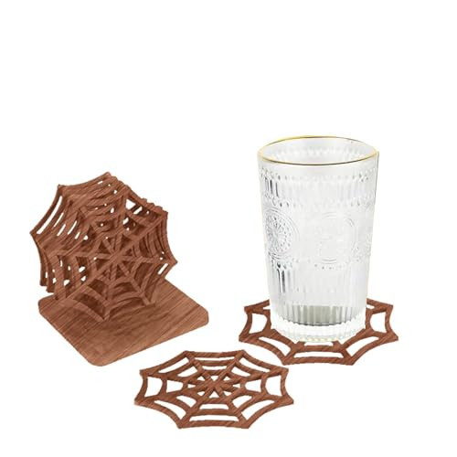 Halloween Drink Coasters Set, 6 Pcs Spider Web Coasters, 4 inch Black Coaster Cup Mat Pad, with Coasters Holder, for Home, Kitchen, Office Decor (Brown) | Amazon (US)