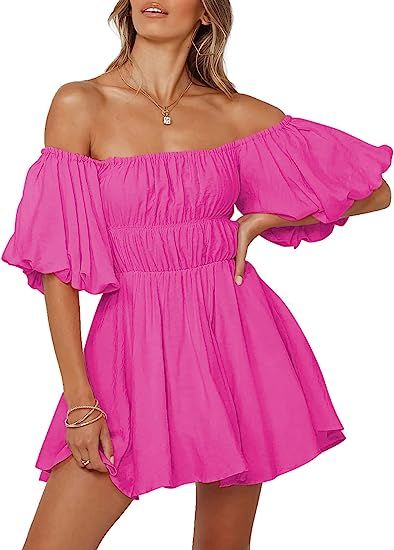 Dokotoo Womens Off Shoulder Summer Dresses Short Lantern Sleeve Ruffle Elastic Waist A-Line Casua... | Amazon (US)