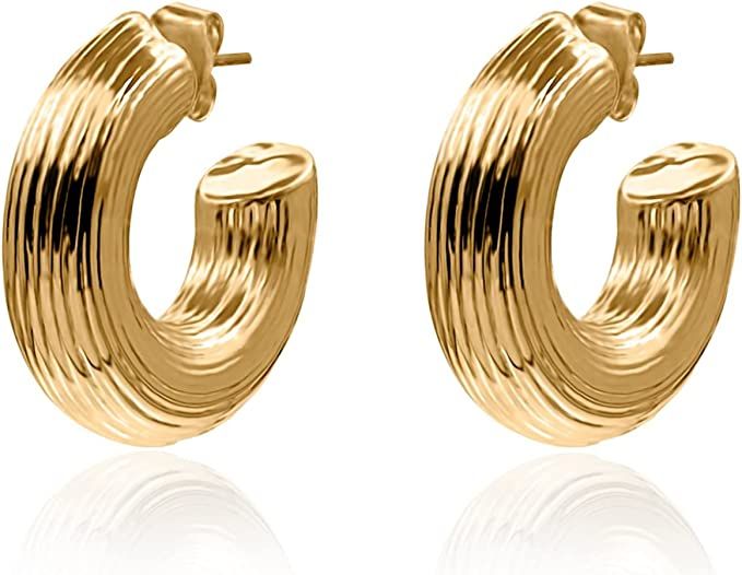 Amazon.com: 18k Yellow Gold Plated Hoop Earrings(Stripe Texture - Gold): Clothing, Shoes & Jewelr... | Amazon (US)