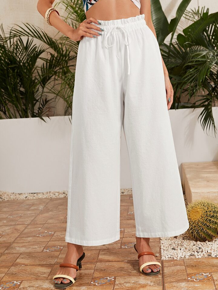 SHEIN VCAY Frilled Waist Solid Wide Leg Pants | SHEIN USA | SHEIN
