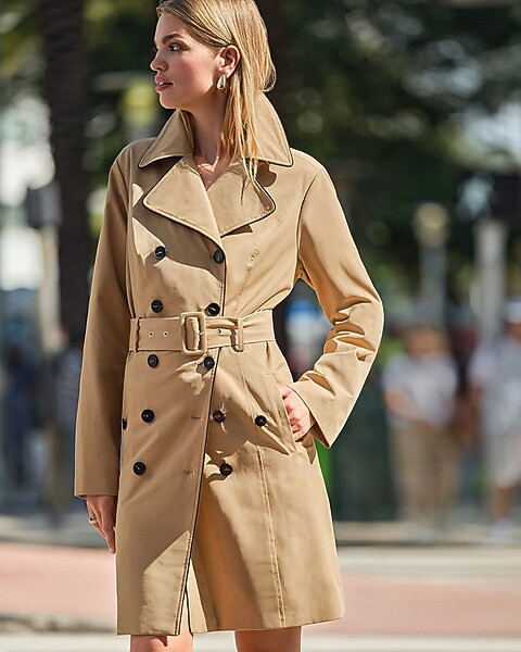Piped Double Breasted Belted Midi Trench Coat | Express