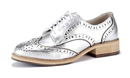U-lite Women Mirror-Shine Leather Lace-up Perforated Wingtip Rope and Rubber Platform Oxford Shoes Silver 8.5 | Amazon (US)