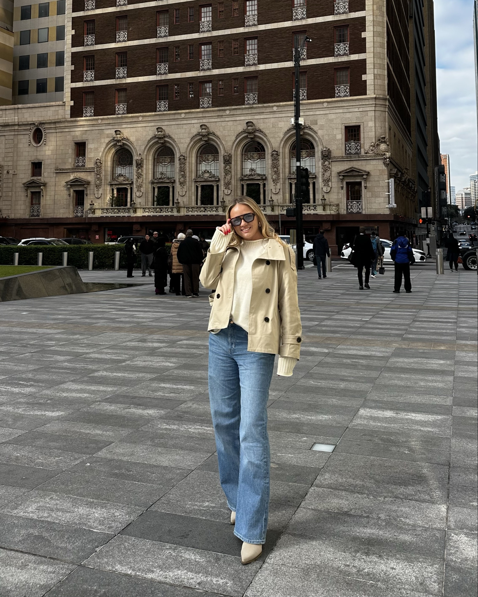 Cropped trench coat, size M. If you want more cropped look size down.

Sweater similar too JCrew, but the price is amazing! I’m wearing L for oversized look.

#LTKootd #LTKdayinmylife