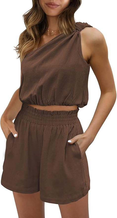 AUTOMET Womens 2 Piece Outfits Linen Matching Sets Two Piece Lounge Shorts Boho Crop Tops 2023 Be... | Amazon (US)