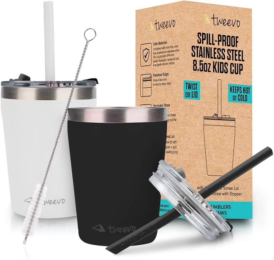 tweevo Kids Tumblers With Spill-Proof Screw Lids - 8.5oz - Stainless Steel Toddler Cups With Stra... | Amazon (US)