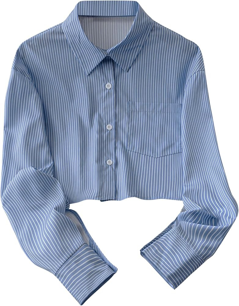 SweatyRocks Women's Striped Button Down Crop Blouse Long Sleeve Collar Shirt Tops with Pocket | Amazon (US)