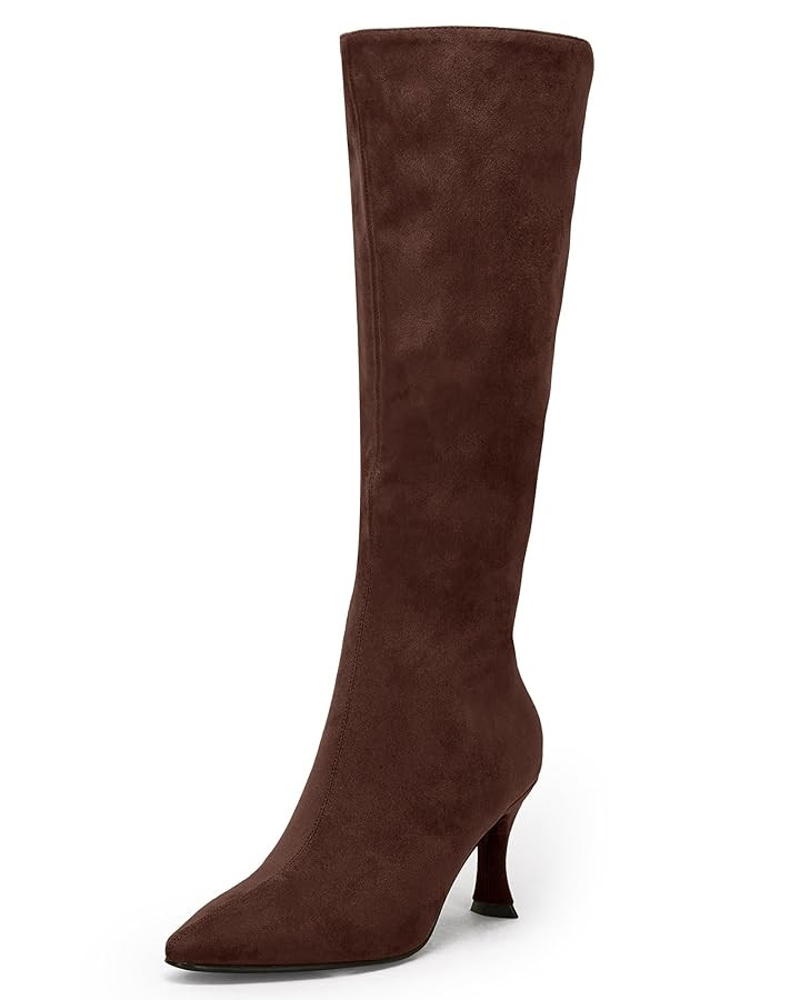 Coutgo Womens Knee High Boots Pointed Toe Kitten Heel Side Zipper Stretchy Vegan Suede Comfort Fa... | Amazon (US)