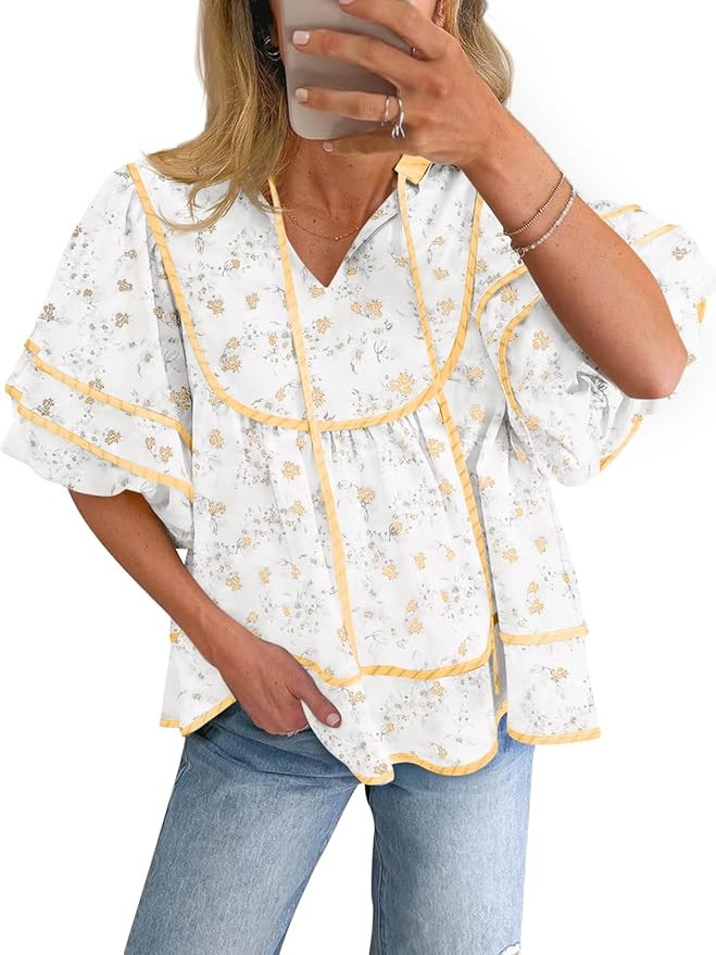 Cicy Bell Womens Summer Floral Babydoll Tops V Neck Short Lantern Sleeve Shirts Cute Loose Fit Fl... | Amazon (US)