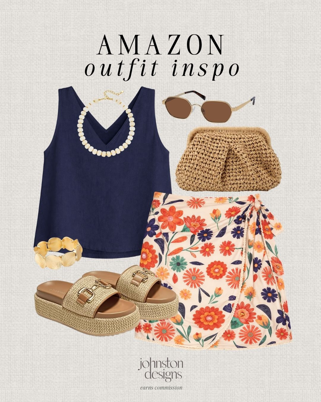 Amazon outfit inspo for an easy summer look with florals, raffia and gold accessories. 🌸

Amazon style, outfit inspo, summer outfit, floral skirt, navy tank, raffia bag, platform sandals, gold jewelry, sunglasses, vacation look, casual style, warm weather fashion, date night outfit, beach dinner, affordable finds 

 #LTKootd