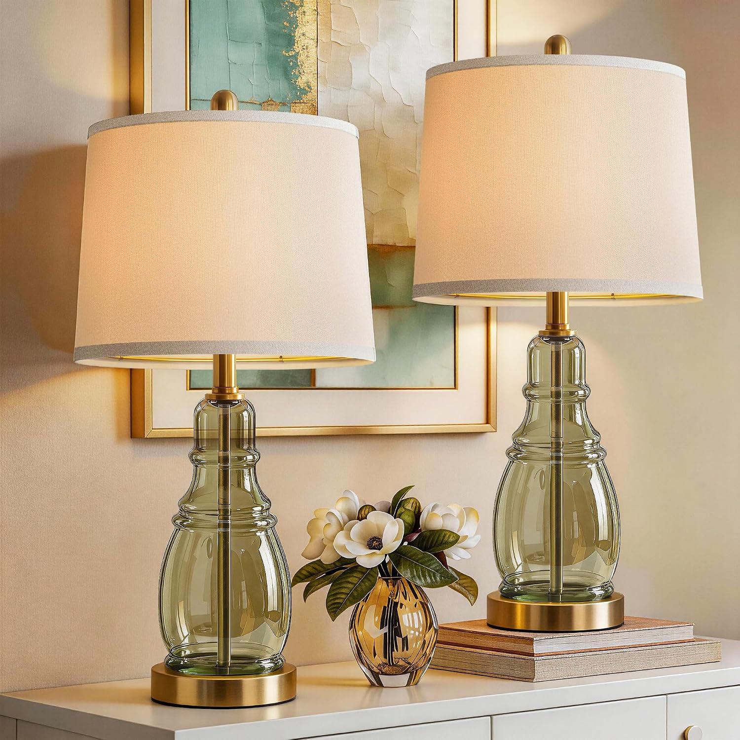 ROTTOGOON Glass Table Lamp Set of 2, Modern Table Lamps for Living Room Bedroom, Bedside Desk Lamps Vintage Nightstand Lamps with Linen Shades, 22", Green | Amazon (US)