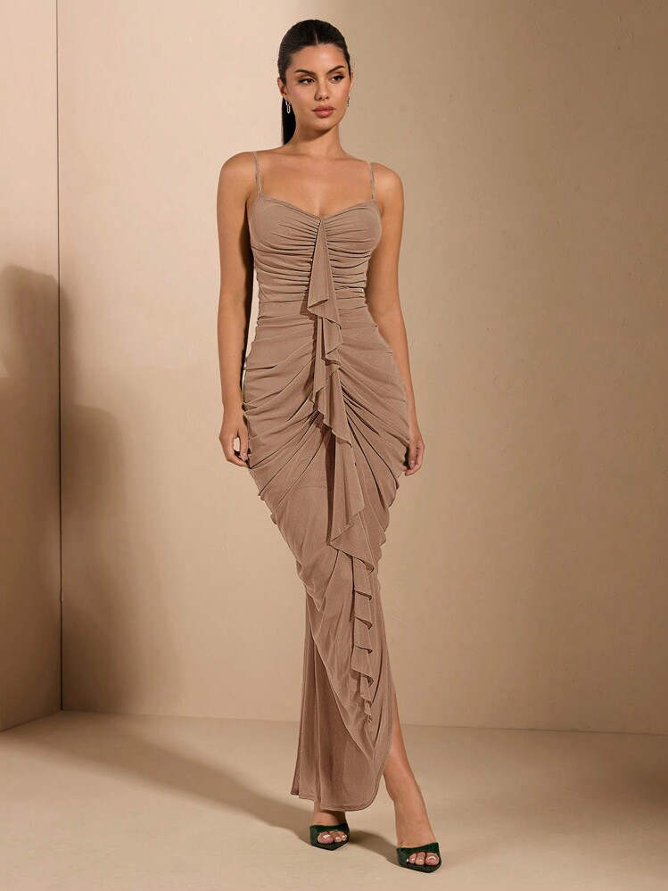 SHEIN BAE Sexy And Elegant Bust Cup Tight Ruched Front Large Ruffle Decoration Long Dress For Wom... | SHEIN