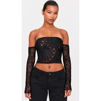 Black Textured Sheer Floral Lace Bardot Sleeve Corset | PrettyLittleThing US