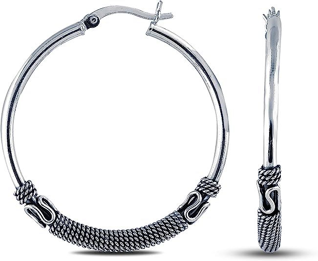 Charmsy Sterling Silver Jewelry Oxidized Balinese Click-Top Regular and Large Size Hoop Earrings ... | Amazon (US)