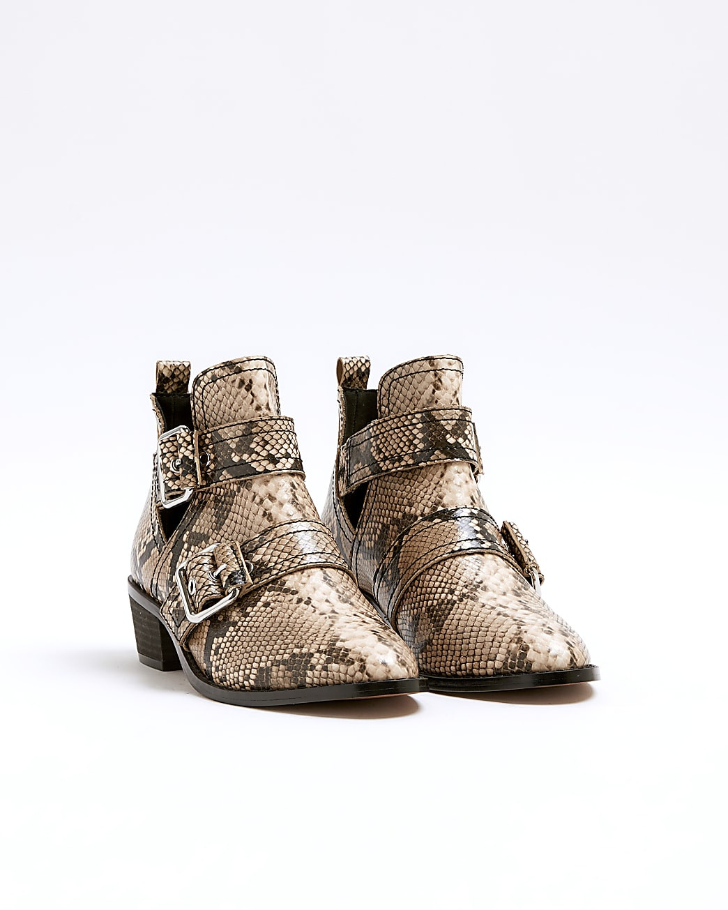 Beige Snake Print Buckle Western Heeled Boots | River Island (UK & IE)