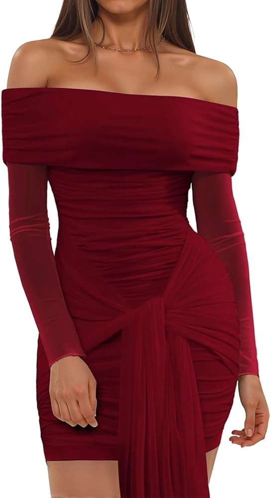Off The Shoulder Mesh Dress Long Sleeve Ruched Bodycon Dress for Women Tie Waist Dresses | Amazon (US)