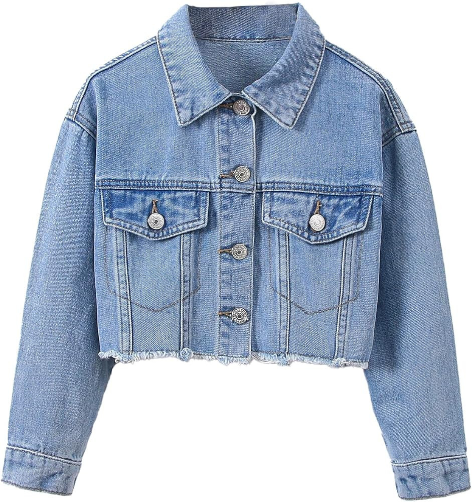 Verdusa Girl's Raw Hem Long Sleeve Single Breasted Crop Denim Jacket Outerwear | Amazon (US)