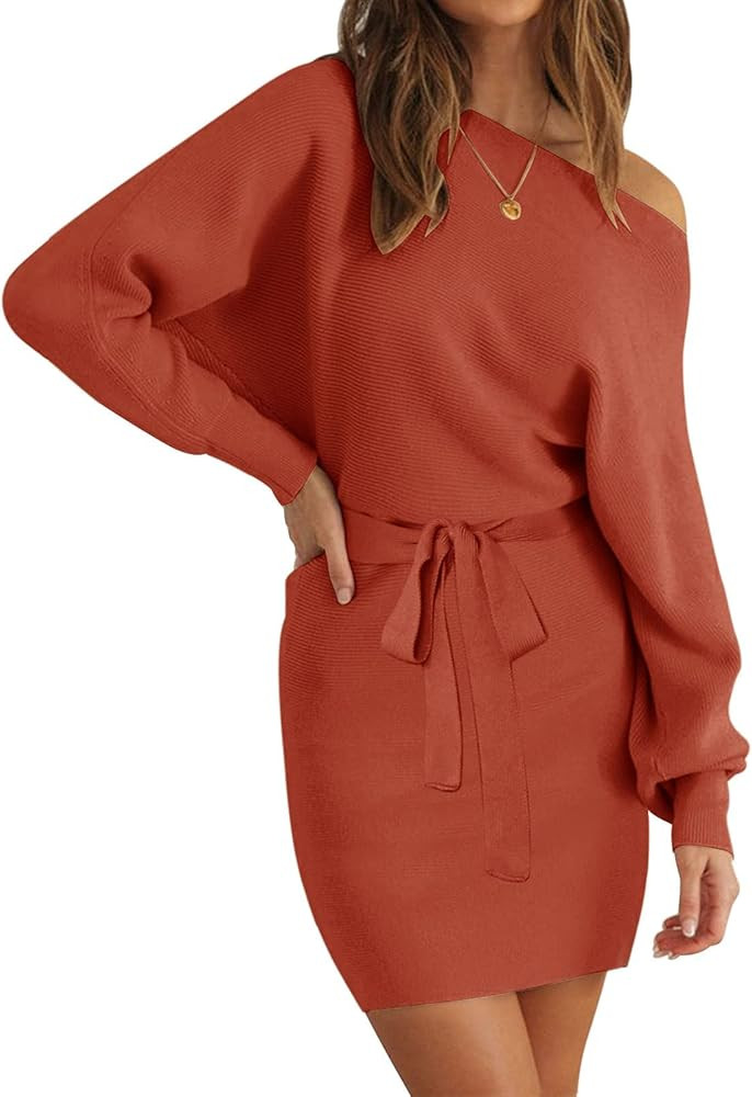 MEROKEETY Women's Off Shoulder Batwing Sleeve Sweater Dress Ribbed Knit Bodycon Mini Dresses with... | Amazon (US)