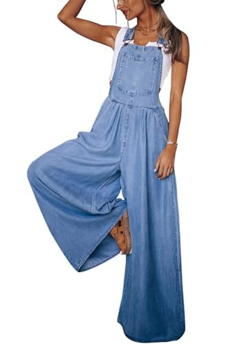 chouyatou Women's Loose Adjustable Strap Wide Leg Denim Bib Overalls Baggy Distressed Jean Overalls Pants (XX-Large, Blue) | Amazon (US)