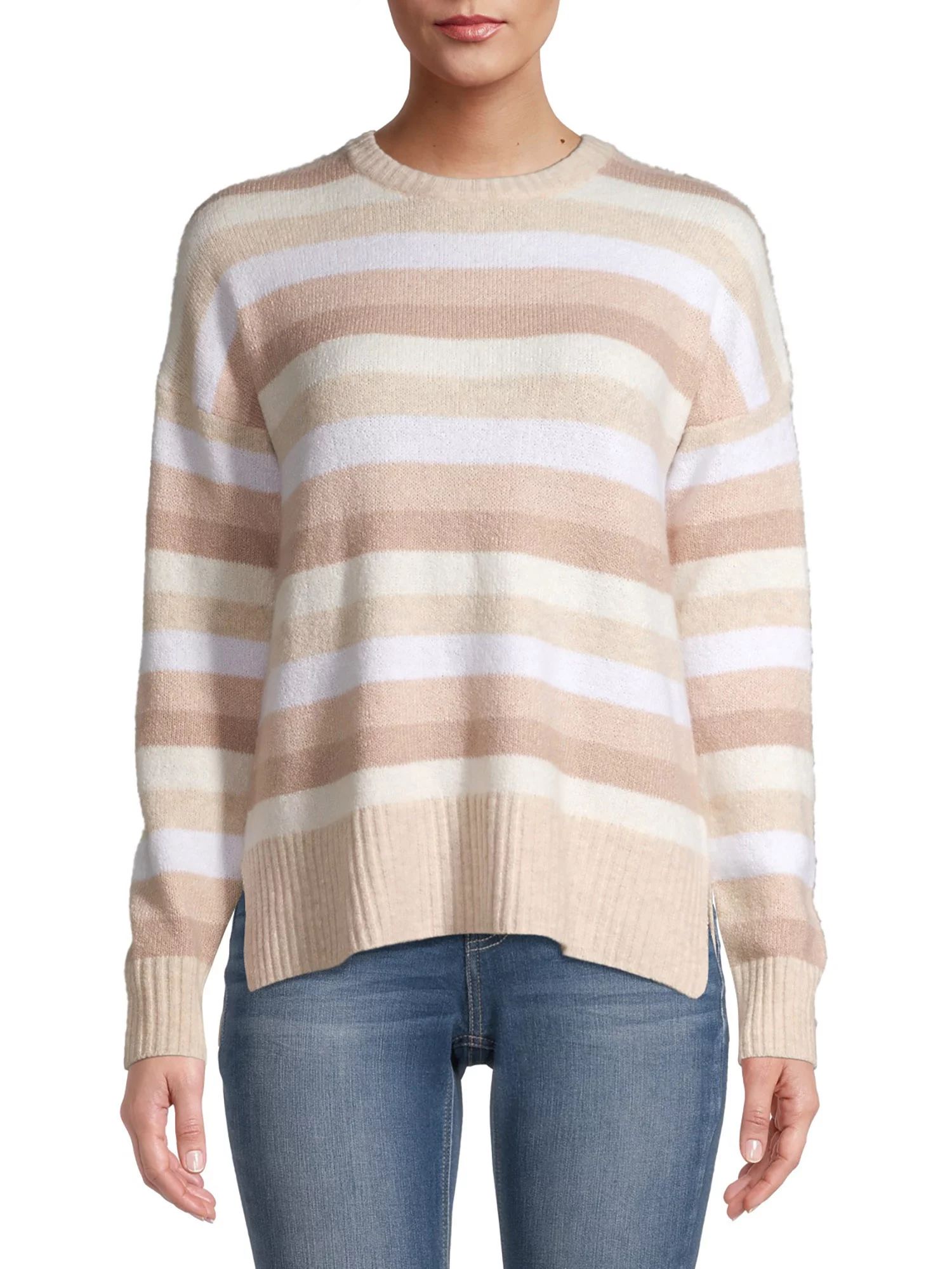 Time and Tru Women's Stripe & Solid Cozy Crew Sweater | Walmart (US)