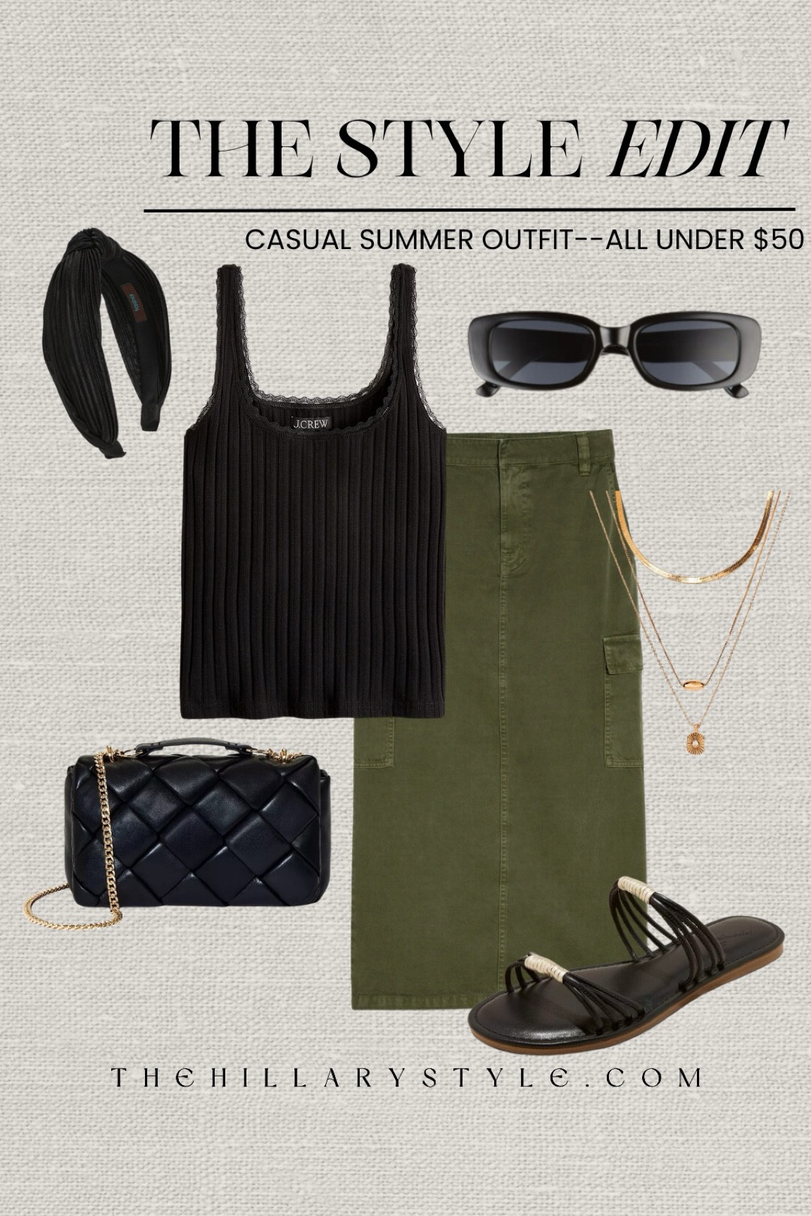 The Style Edit: Casual Summer Outfit with pieces all under $50. Causal olive cargo skirt outfit for summer. Cargo skirt, midi skirt, black tank, sweater tank, pointelle tank, black sandals, black handbag, crossbody bag, knitted headband, black sunglasses, layered gold necklace. Madewell, Nordstrom, J.Crew, Target, Tasha. Summer outfit, midi skirt outfit, casual outfit, summer 2024 outfit 

#LTKStyleTip #LTKSeasonal #LTKFindsUnder50