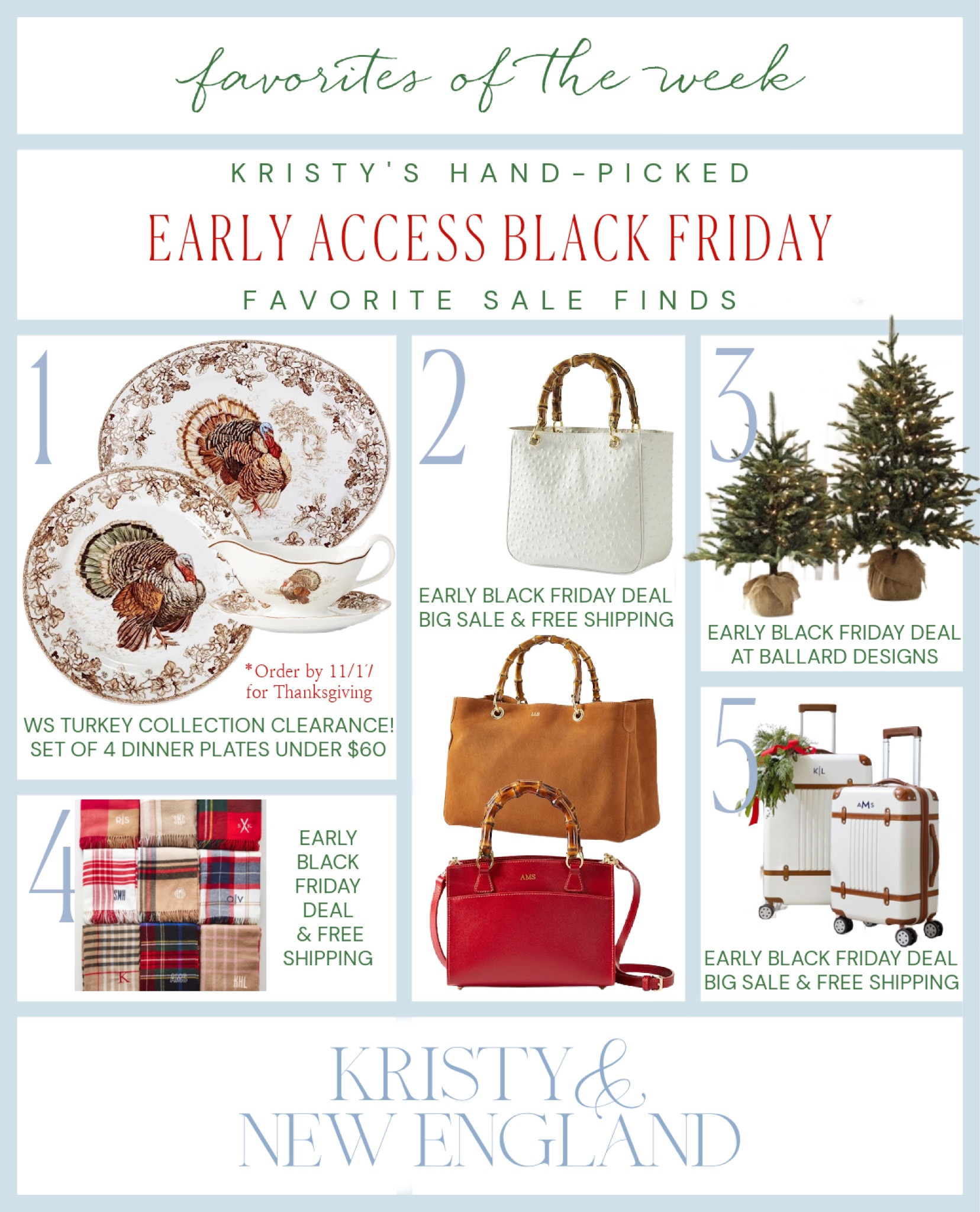 Early access BLACK FRIDAY sale finds  you’ll want to scoop up now!

The WS Turkey Dinnerware is on clearance and guaranteed Thanksgiving delivery if you order by 11/17.
The leather Elisabetta bags are at a great sale price and have free shipping.

The luggage & luggage sets are marked down and ship free.

The 3-4 ft. Peek it trees are good quality and the price is amazing.

The Italian wool scarves make great gifts and stocking stuffers! $35-$49 & ships free.

#LTKBlackFriday 

#LTKGiftGuide #LTKCyberWeek